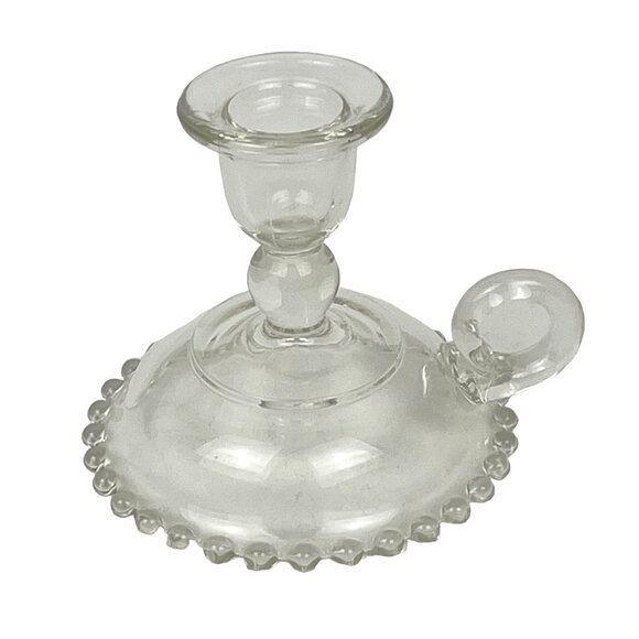 Vintage Candlewick Clear Glass Taper Candle Holder Handled Thumb Ring - Picture 1 of 6